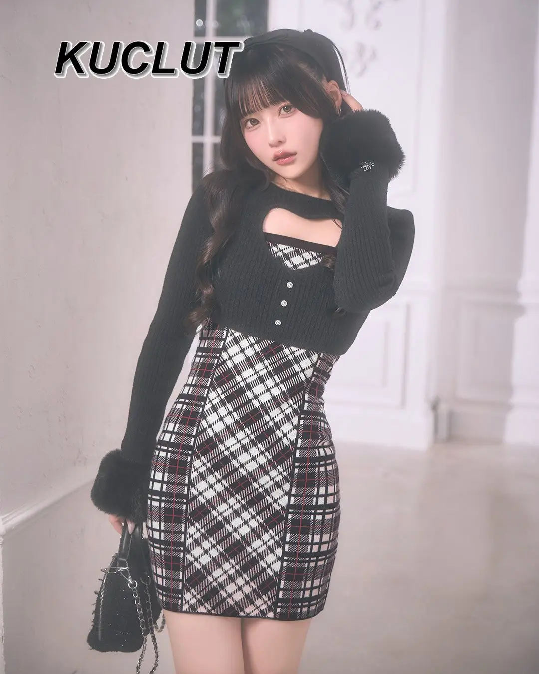 النمط الياباني Houndstooth المرقعة فستان قصير غير رسمي المرأة الجوف خارج محبوك فساتين طويلة الأكمام للنساء ربيع الخريف