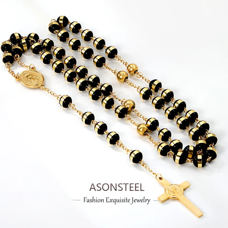 ASONSTEEL Long Scapular Catholic Rosaries Beads Christian Cross Jesus Pendant Necklaces Stainless Steel For Women Men Jewelry