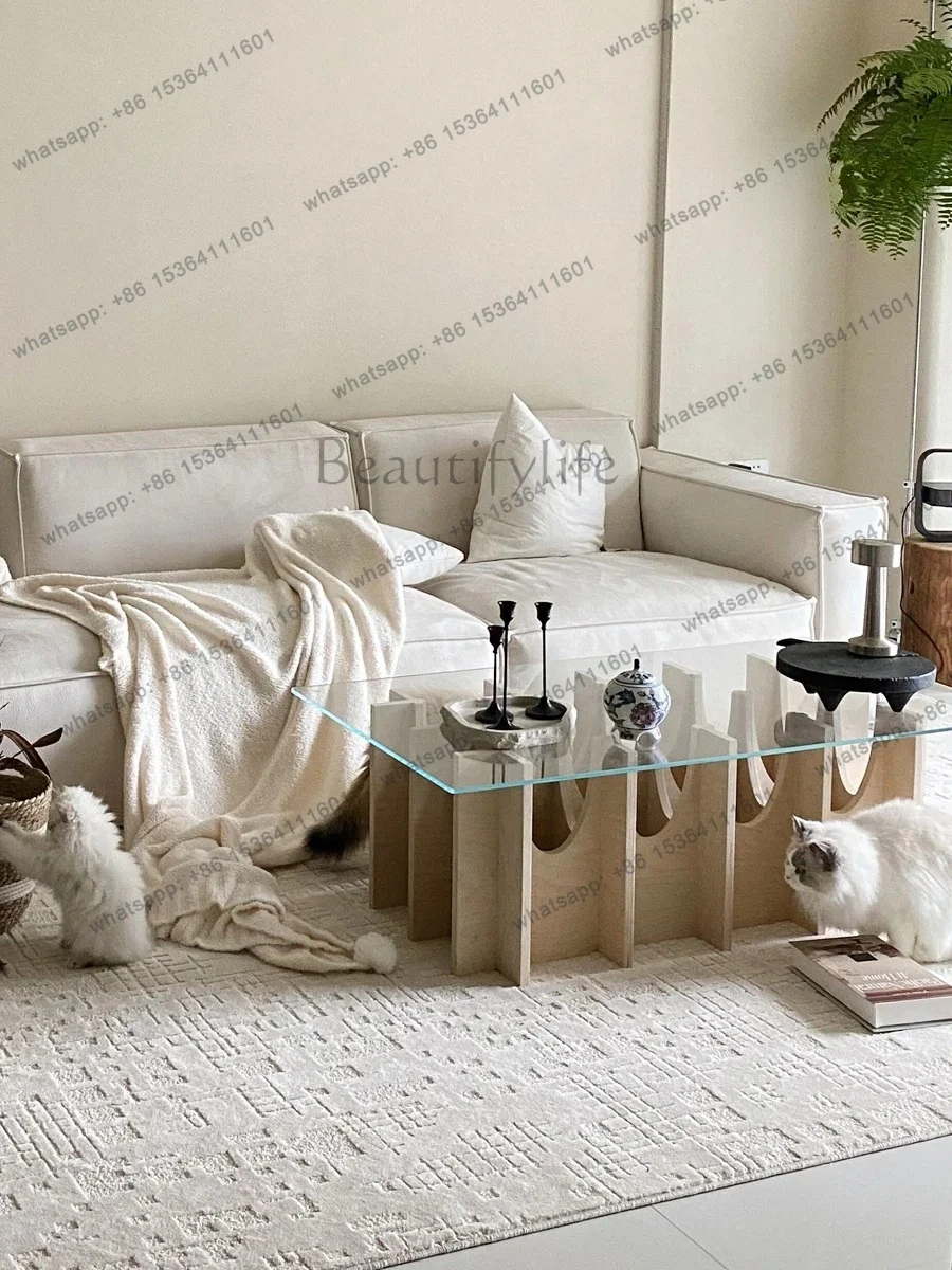 北欧風シンプルオーシャンプレートガラスコーヒーテーブル、ミニマリスト家具、小さなアパートのリビングルーム、ログスタイルティーテーブル