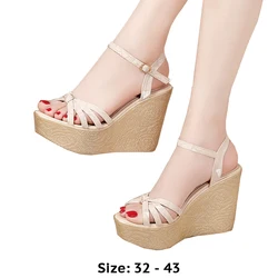 High quality summer wedge sandals for women 11cm high heel new 2024 size 32 33 42 43 platform open toe elegant shoe black beige