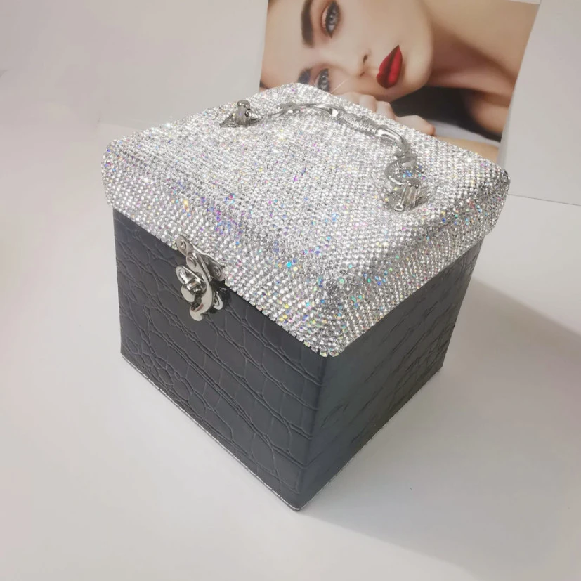 Rhinestone Portable PU Leather Jewelry Ring Display Organizer Box Handle Holder Earring Bracelet Jewelrry Storage Case Showcase