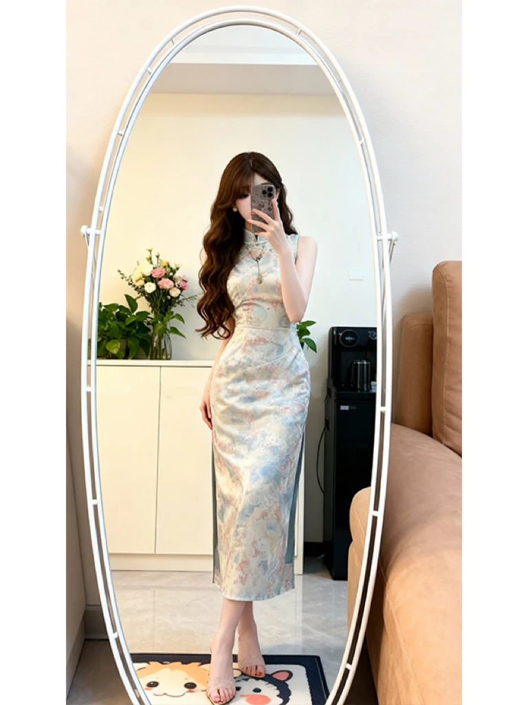 

New Chinese Sle Svel Print Stand Collar Dr Winter High-End Slimming Long Split Skirt for Women