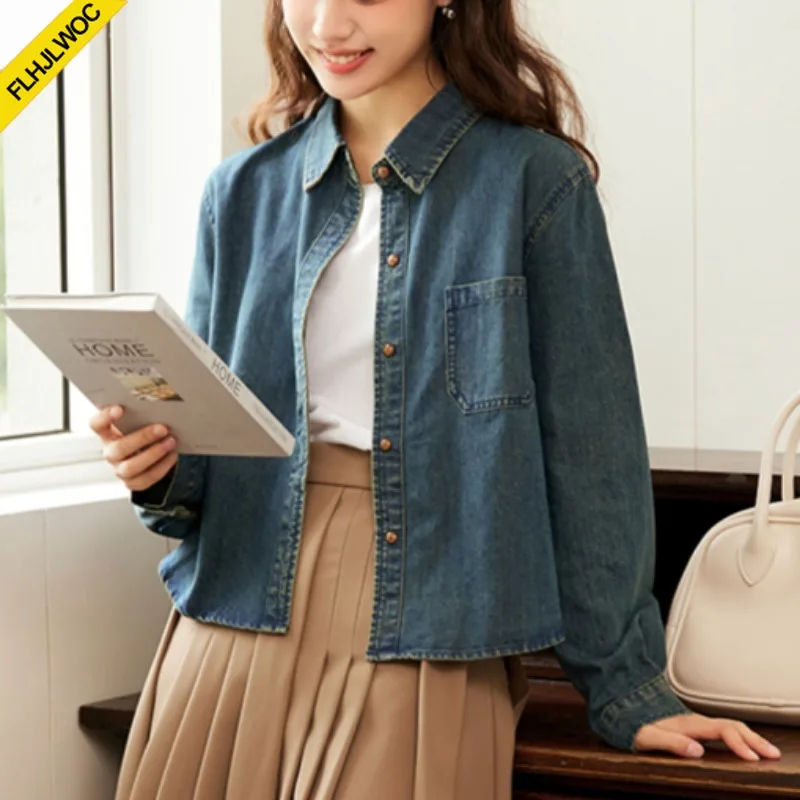 Cute Short Coats New Design Women Long Sleeve Casual Japan Girls Preppy Style Single-Breasted Button Blue Jeans Denim Shirts