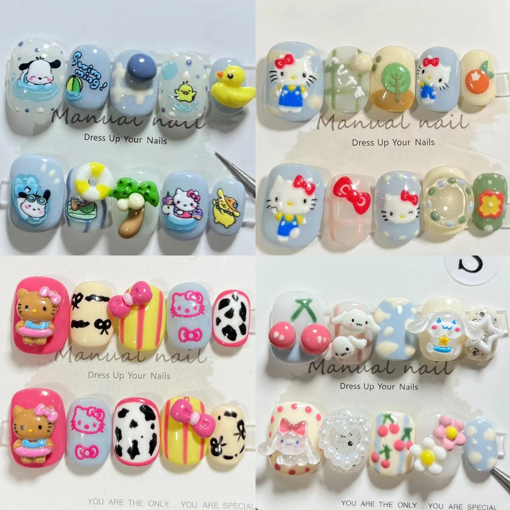 

Sanrioed Hello Kittys Handmade Press On Nails Anime Girl Cartoon Wearable Short Ballet Fake Nails Artificial Manicure Store Gift