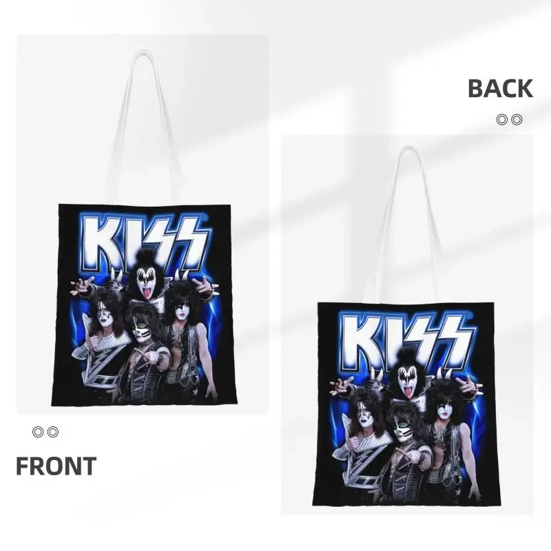 Custom Music Rock Band Kiss Shopping Canvas Bag Women Washable Grocery Demon Thriller Rock Tote Shopper Bags