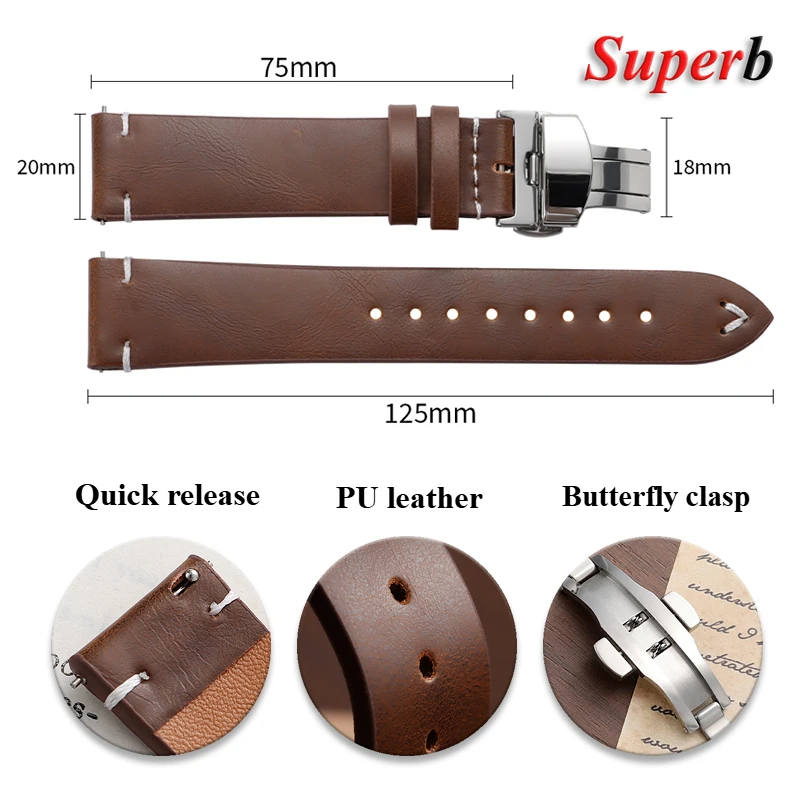 خمر النفط الشمع بولي Leather الجلود حزام الساعات 18 مللي متر 20 مللي متر 22 مللي متر معصمه خياطة حزام لأوميغا ل Seiko حزام (استيك) ساعة فراشة المشبك