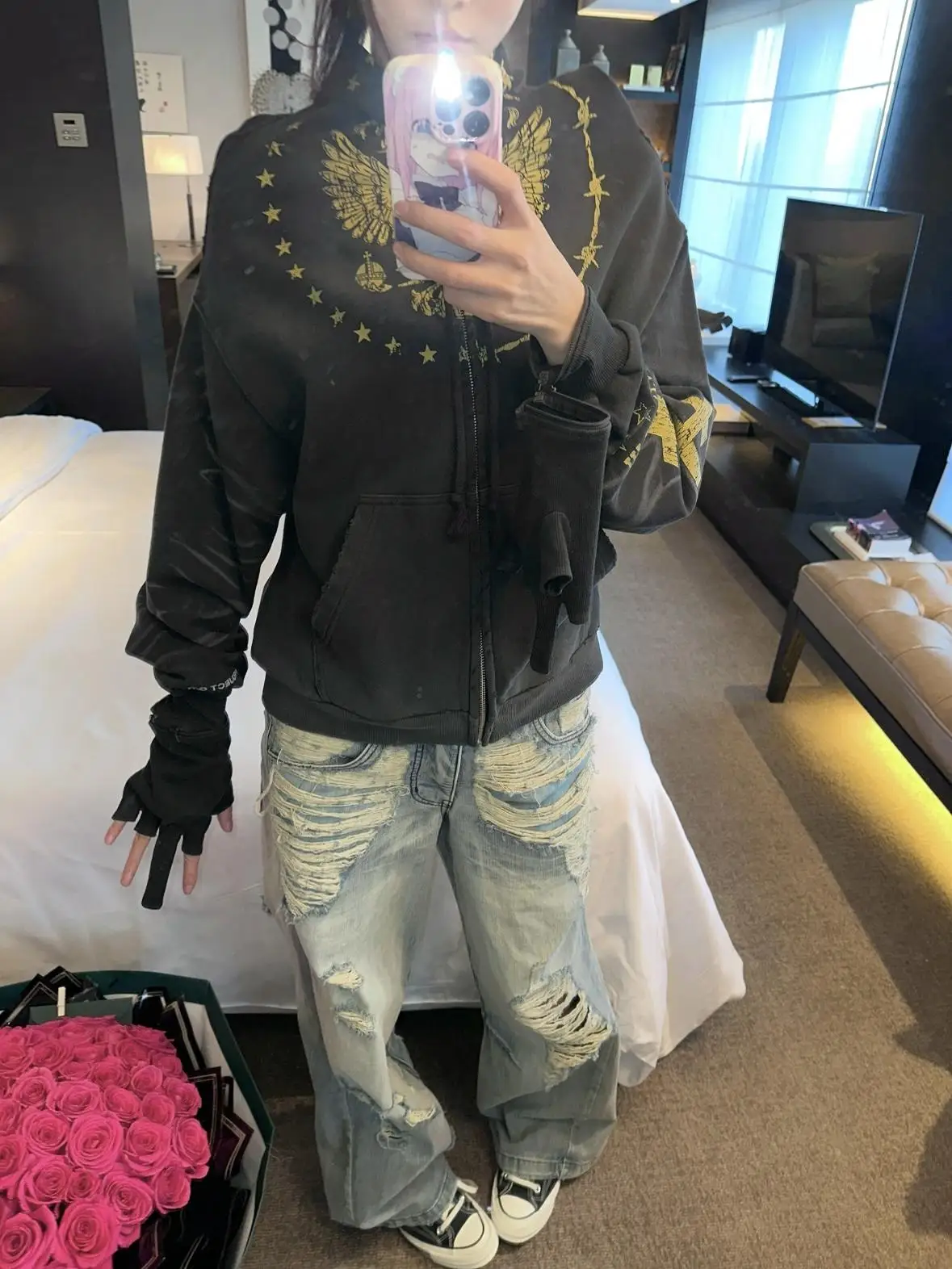 Ailz Pect adient Vintage Double Eagle Wave Print Hoodie One-Piece Cut ex Sweatirt American Sle Loose Fit Youthwear