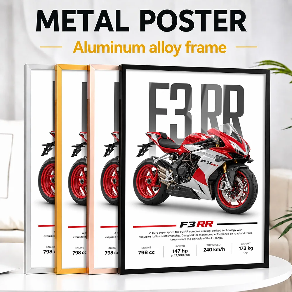 Italian F3 RR Pearl Shock Red And Ago Silver Motorcycle Framed Metal Poster Personalized Track Performance Wall Art For Garage