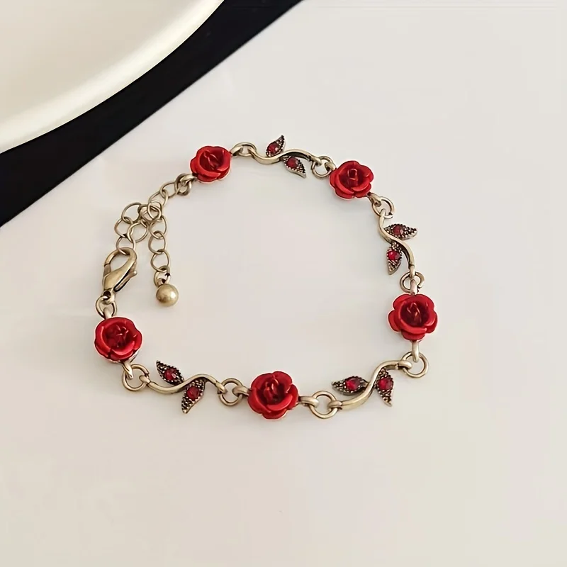 1pc Red Rose Flower Decor Chain Bracelet, Elegant Halloween Christmas Party Gift AccessoriesAnniversary Party Gifts, Jewelry,