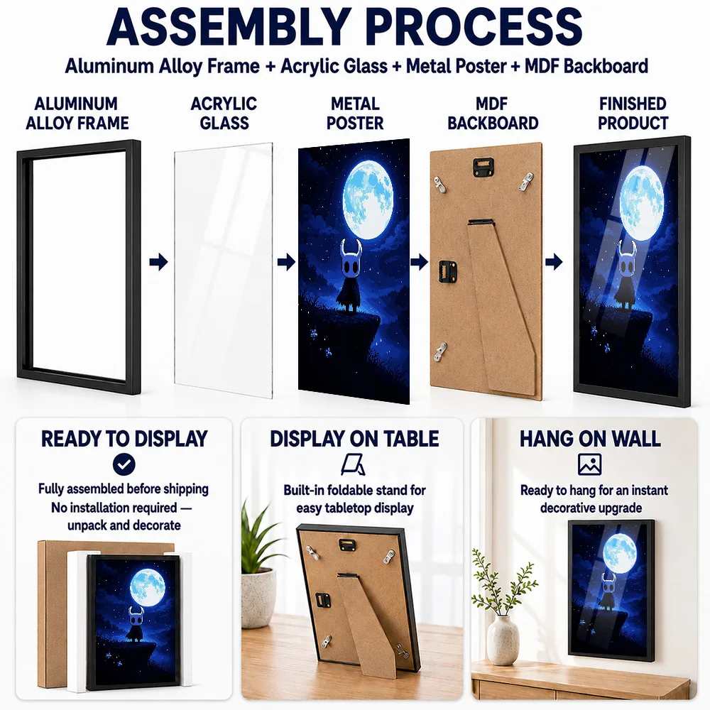 Hollow Knight Character Under Moon Framed Metal Poster Personalized Cosmic Perspective Wall Art For Dreamers Decorating Office