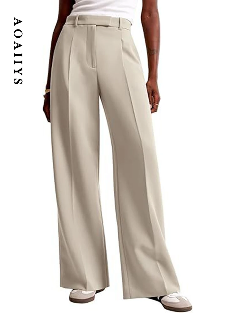 Aoaiiys, pantalones de traje lisos para mujer, pantalones de pierna ancha rectos clásicos simples, pantalones de cintura alta para oficina para mujer, novedad de primavera y verano 2026