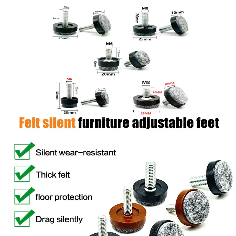 4/8 Stuks Zwart/Bruin Vilt Verstelbare Ronde Meubels Been Schroeven Anti Slip M6 M8 Tafel Stoel Kast Balans Voeten Pads - afbeelding 2