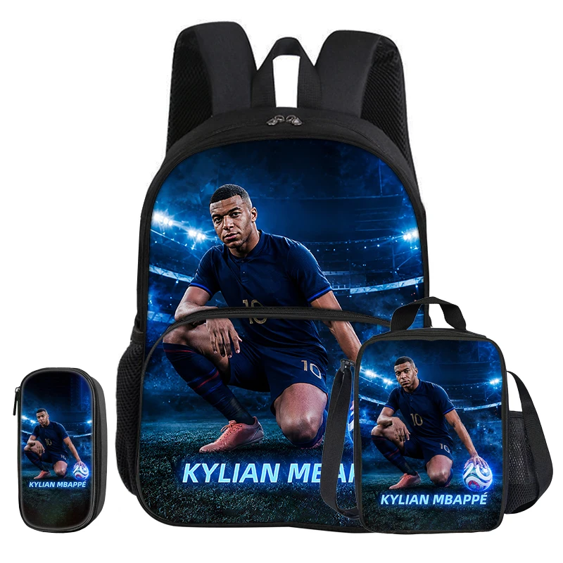 

3 Pcs set M-Mbappe with Front Pocket Backpack Kids Gift Sports Football Star Pencil Case with Thermal Insulated Lunch Tote Purse
