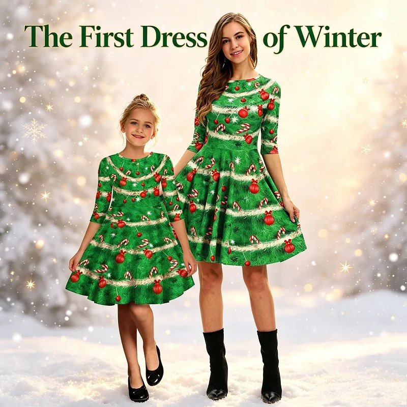 Vintage Christmas Plaid Print A-Line Midi Dress Girls 3/4 Sleeve Winter Holiday Party New Year Family Gathering Clothing Gift