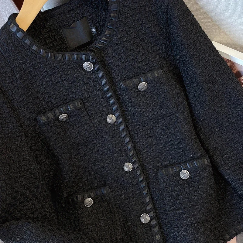 Chaqueta corta negra con fragancia para mujer, abrigo de Tweed, traje informal, novedad coreana, primavera y otoño, 2023