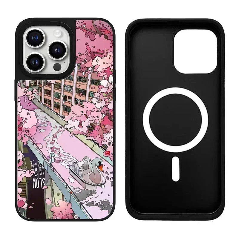 MagSafe Mirror Surface Sakura Painting Pattern iPhone 11 12 13 14 15 Pro Max Protective Case with MagSafe