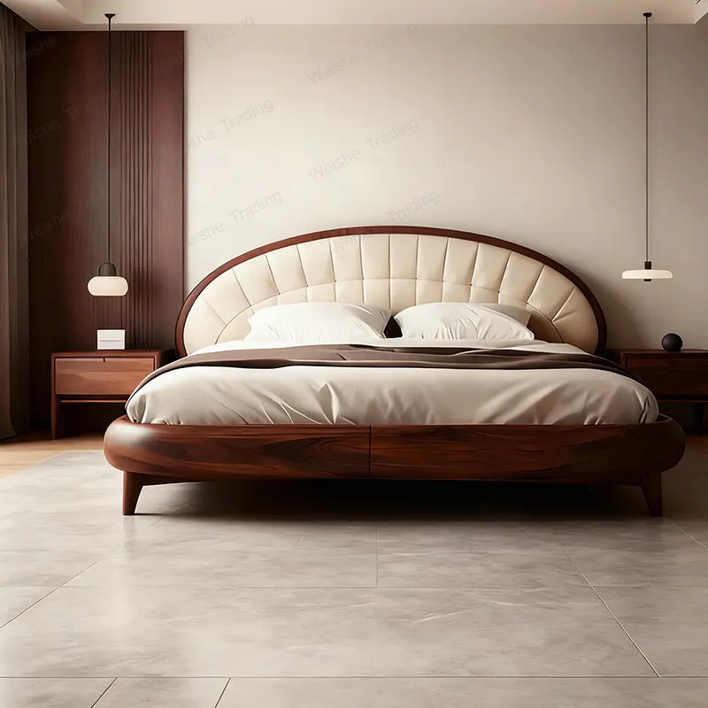 2026 new walnut all solid wood bed master bedroom simple soft bag large round bed new Chinese high-end double bed