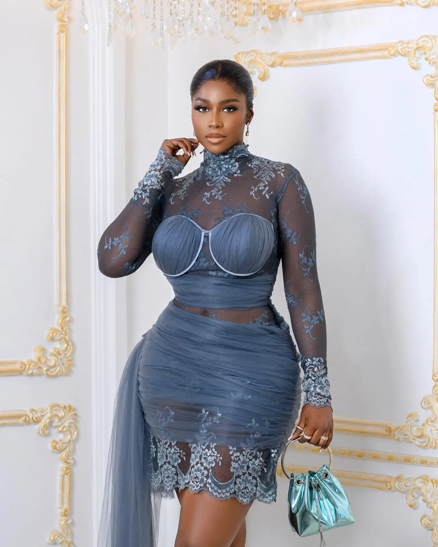 New Couture Dusty Blue African Lace Mini Maxi Dresses To Party Sexy Short Women Dresses With Overlay Aso Ebi Dress