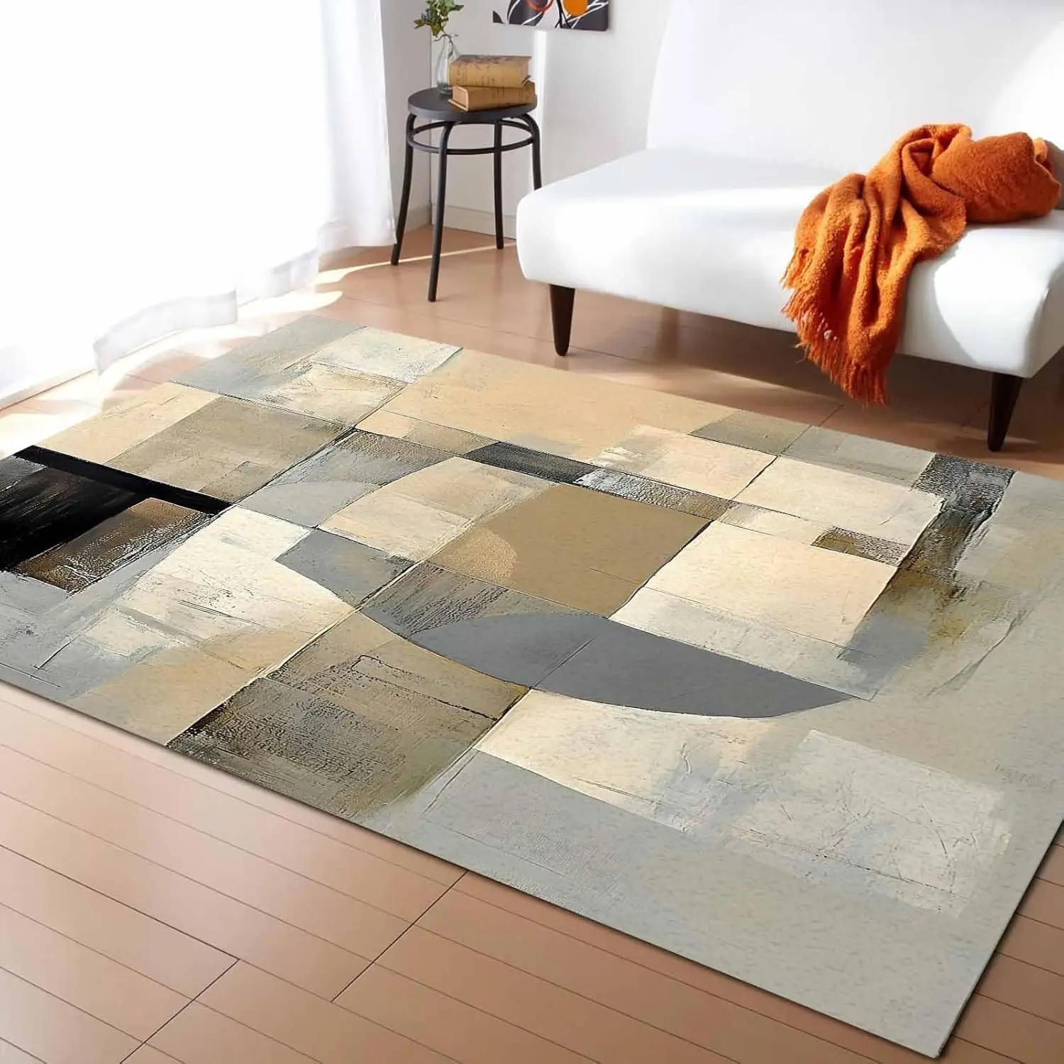 

Abstract Art Washable Area Rugs Beige Brown Blocks Watercolor Modern Art Non Slip Rugs for Living Room Bedroom, Low Pile Floor