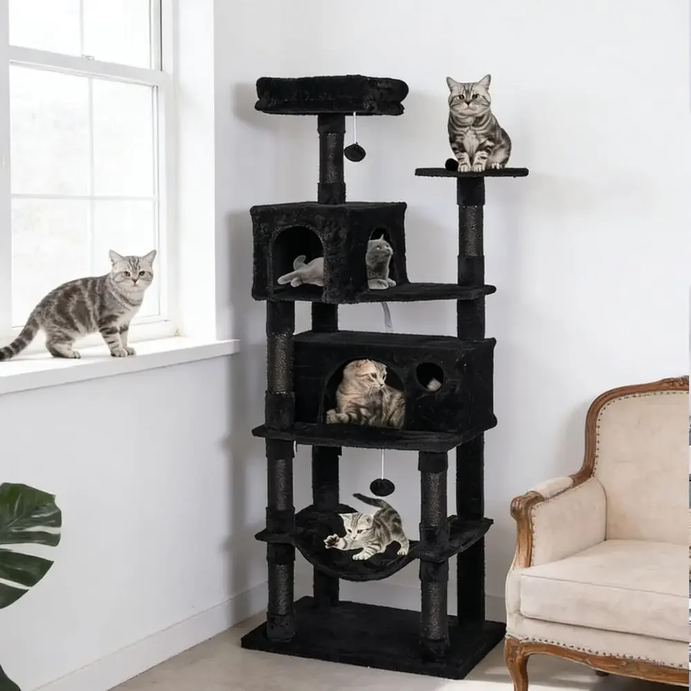 67 Multi-Layered XL Cat Tower for Large Indoor Cats with Hammock, Sisal Scratching Post, Plush Perch, and Condo - Gray