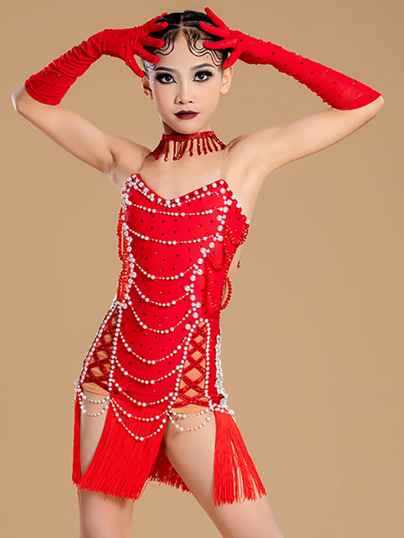 Traje profesional de baile latino estándar nacional, falda con borlas para niñas, vestido de Rumba Sumba con diamantes, Ropa de baile puesta en escena