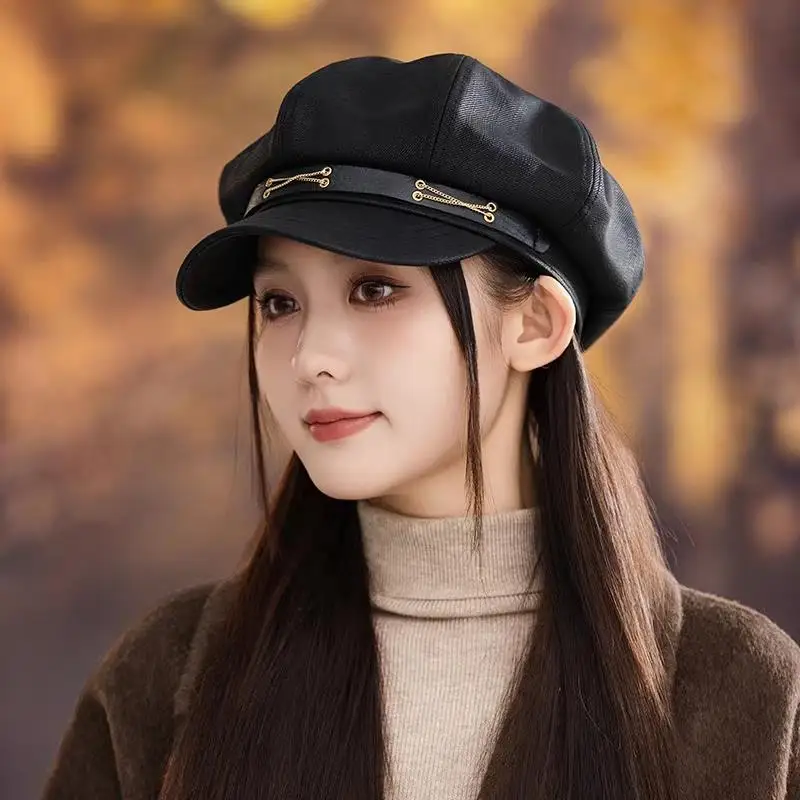 

Pu Leather Solid Navy Cap Retro Beret Casual Octagonal Caps Autumn Winter British Painter Hats For Women Classic Octagonal Hat