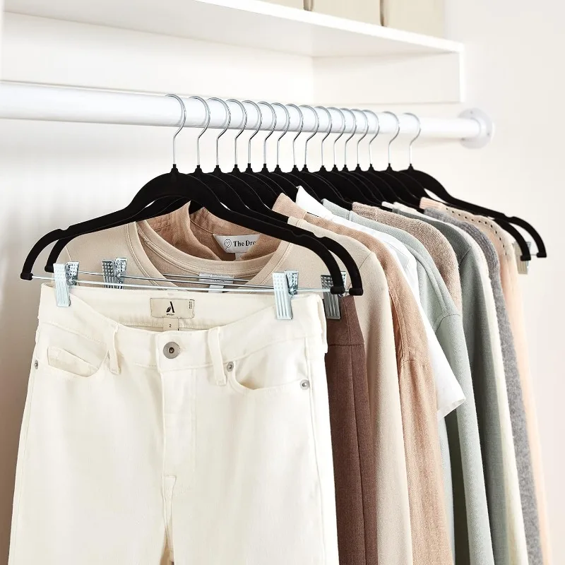 Cabides Antiderrapantes com Clipes, Preto e Prateado, Pack de 50