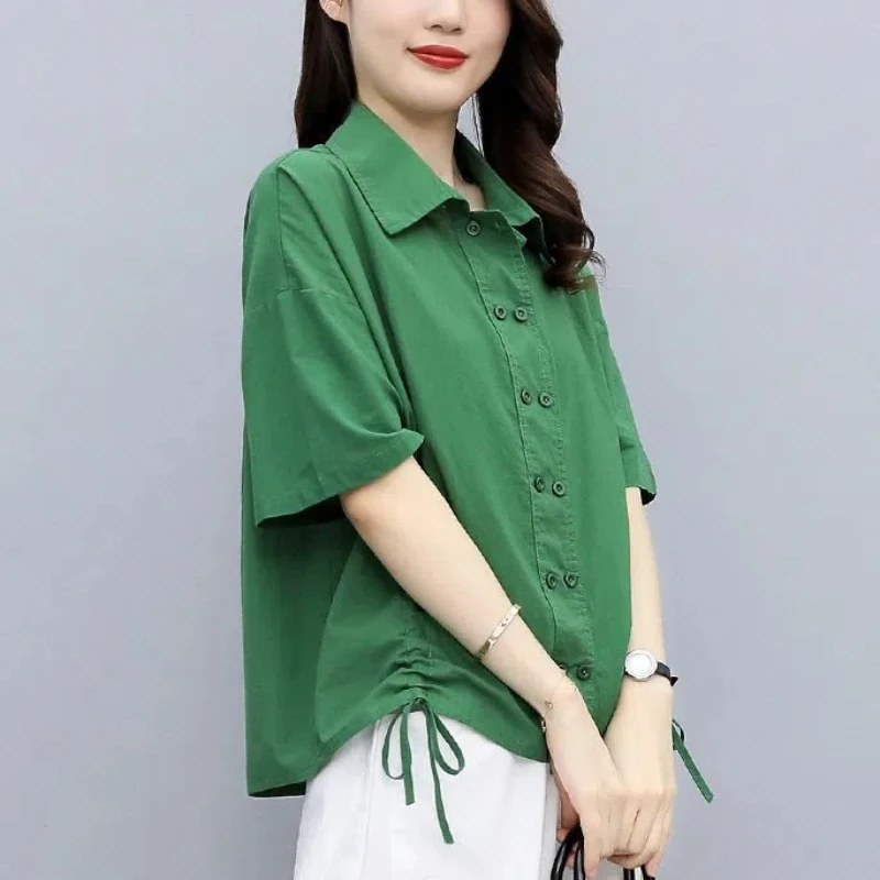 Loose Pleated Drawstring Blouse Polo Neck Short Sleeve Solid Color Casual Shirt Tops Vintage Fashion Women Clothing Summer New