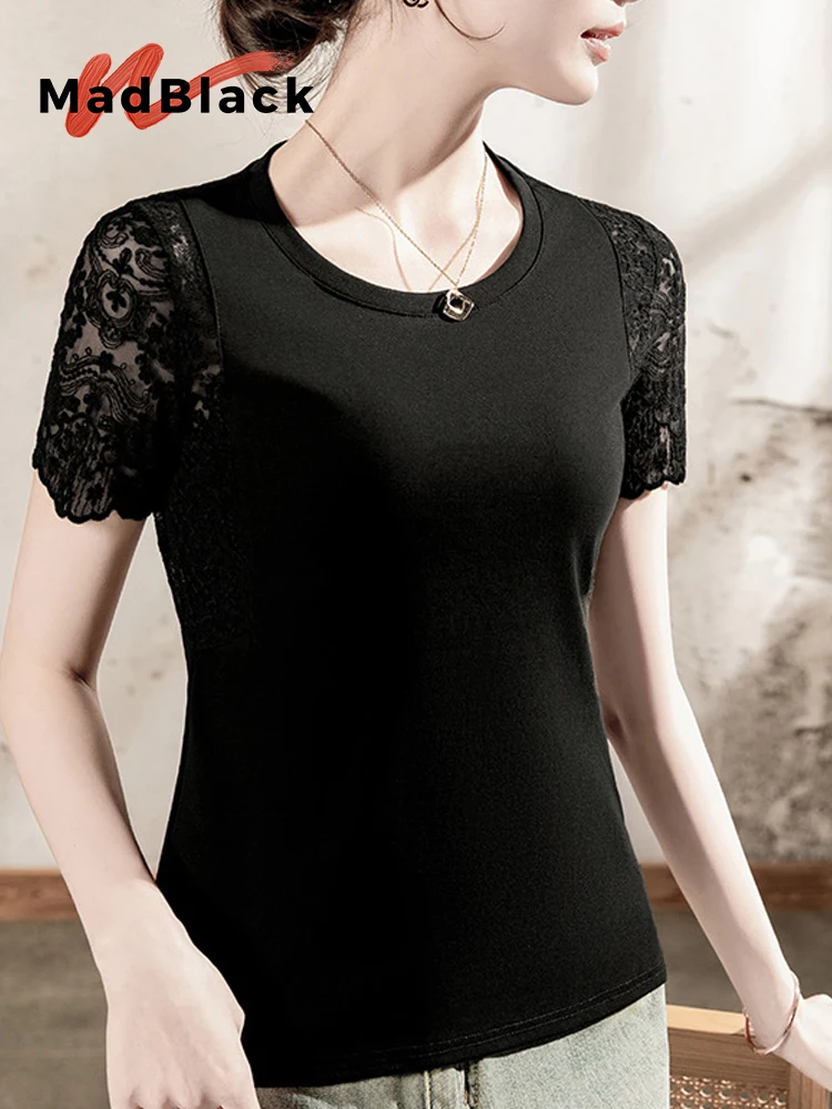 

MadBlack-Women's European T-Shirt, Sexy O Neck Lace Patchwork, Streetwear Short Sleeve Slim S-3XL Tee, 2025 Summer New T56406CC