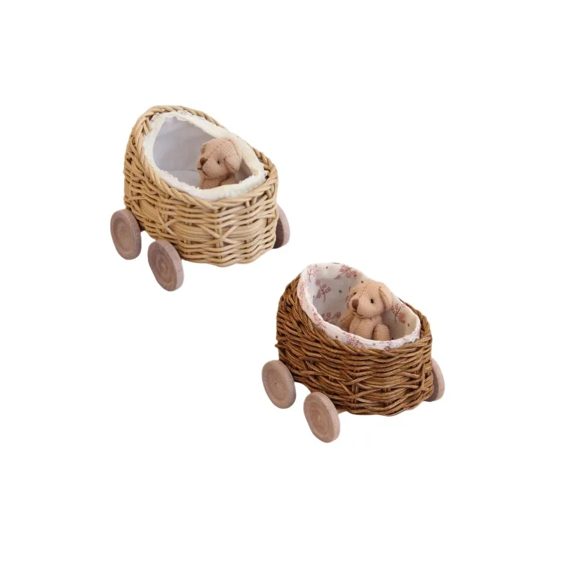BJD 인형을위한 손으로 짠 등나무 미니어처 유모차 작은 아기 유모차 유모차 Collectible Mini Baby Carriage Dollhouse Furniture