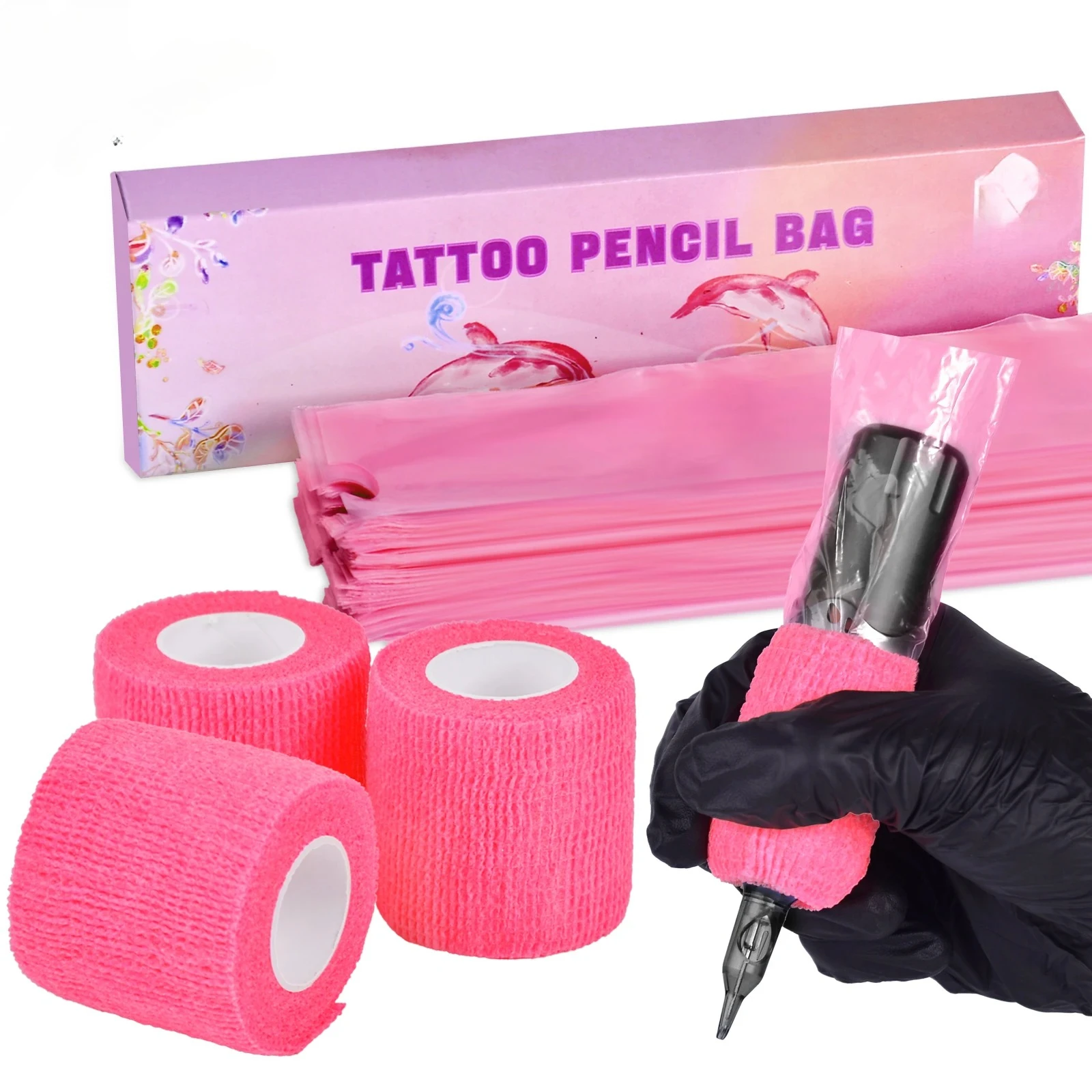 

Tattoo Pencil Sleeve Bag Covers 200Pcs and 3Pcs Pink Bandage Practice Taattoo Sets Microblading Supplie for Artists
