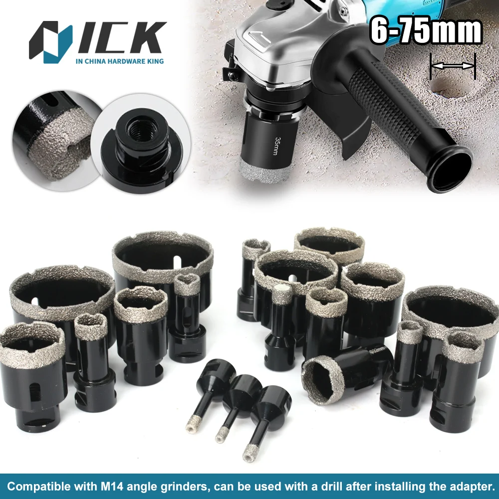Thread Dry Vacuum Brazed Diamante Drilling Bit Porcelain Cup Saw Azulejo Granito Mármore Pedra Buraco Saw Angle Grinder Tools 1pc M14
