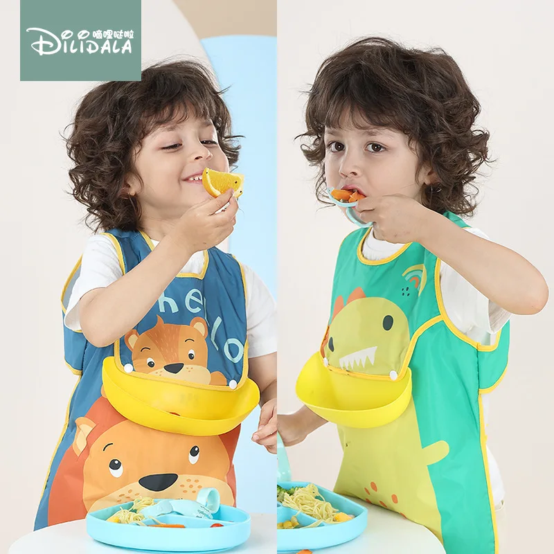 

2024 New Cartoon Baby Bibs Waterproof Long Sleeve Apron Feeding Smock Bib Kids Apron Painting Drawing Coat For Children