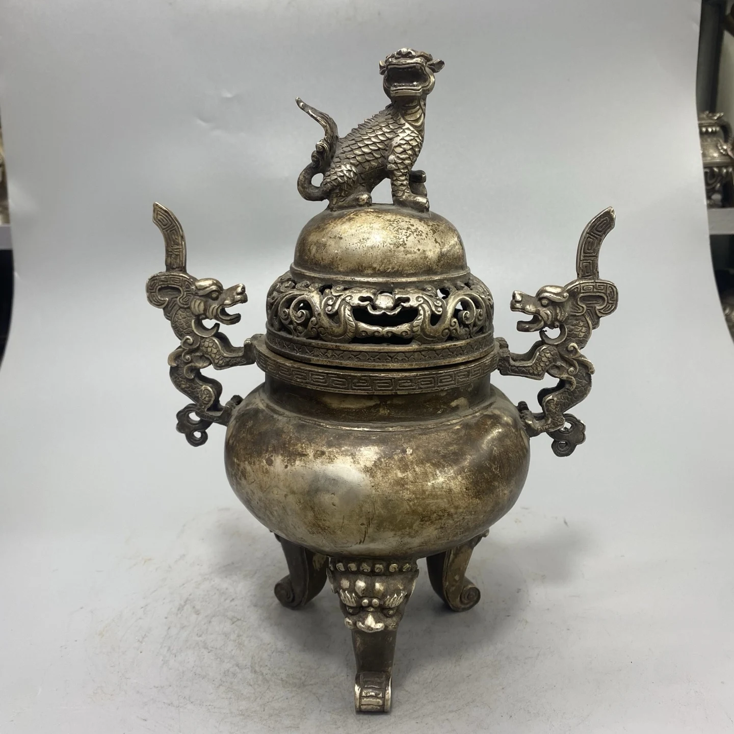Old Bronze Gilded Silver Lion statue cover Chinese Loong Ear Three legged Incense Burner Amass wealth Ornaments Town house
