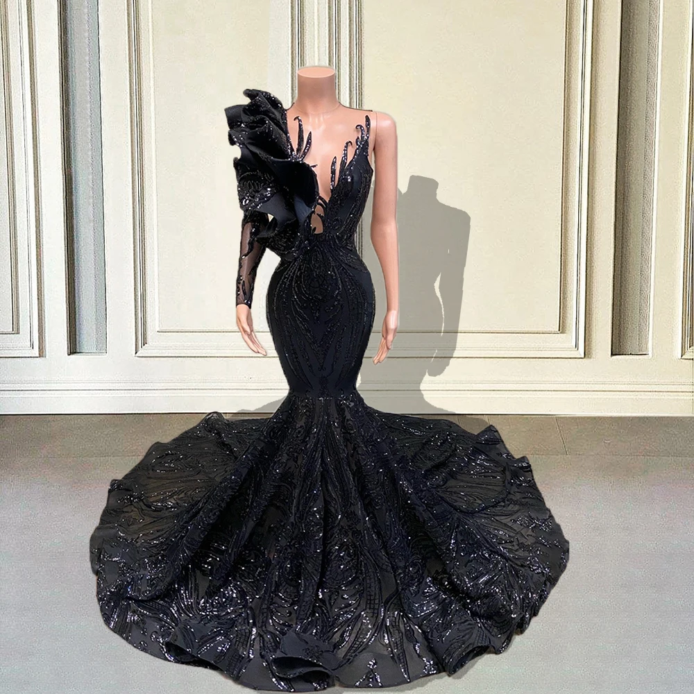 Sequin Long Mermaid Prom Dresses 2024 Black Girl Luxury Ruffles Sleeve African Formal Gala Gown for Wedding Party Customized