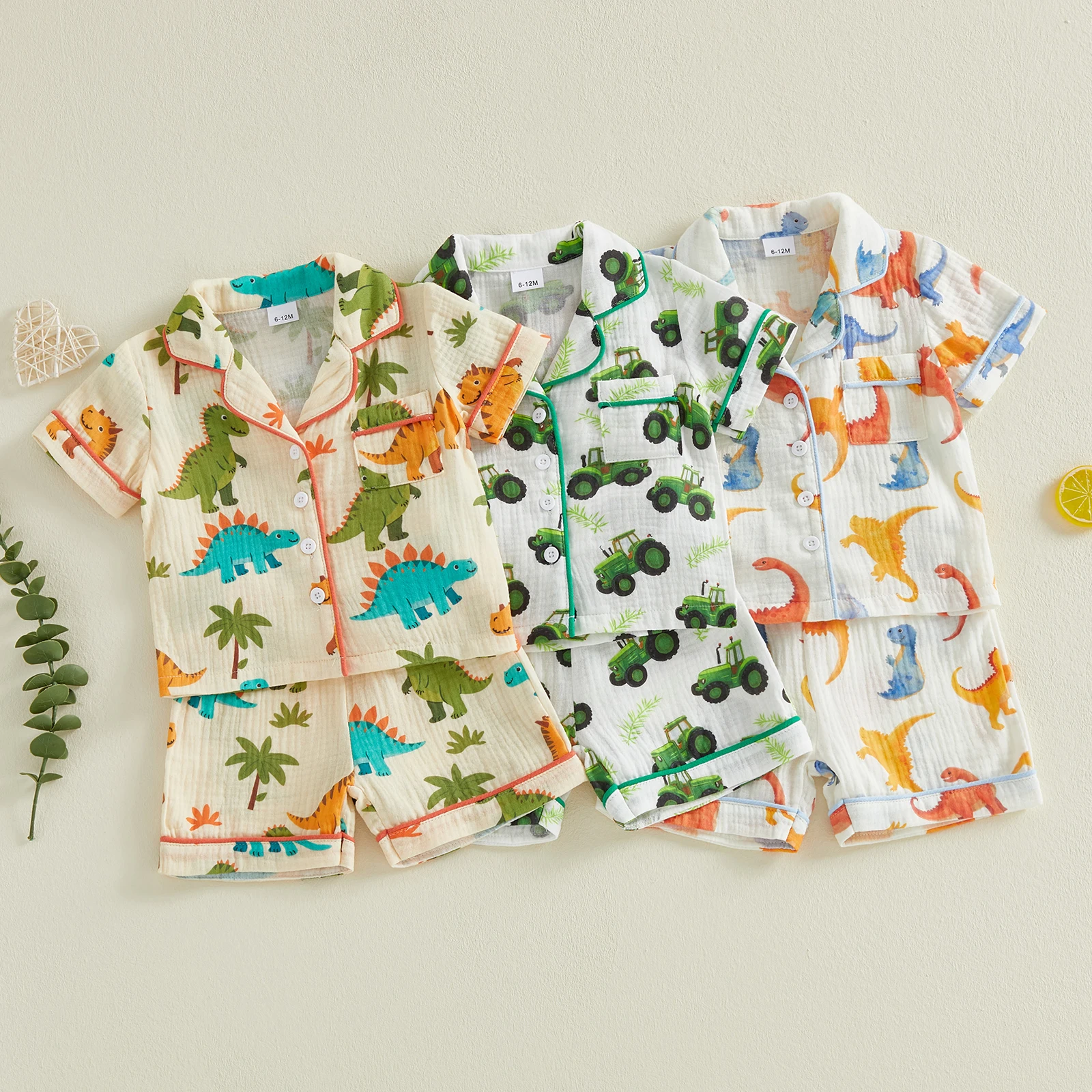 VISgogo Toddler Baby Boy Summer Outfit Dinosaur/Tractor Print Button Down Lapel V Neck Short Sleeve Tops and Shorts 2 Pcs Set
