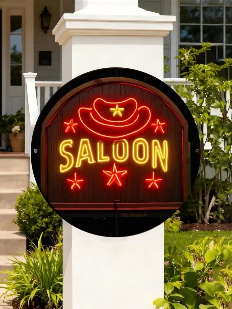Neon Saloon Aluminum Print Art, 20x20cm Vintage Wall Decor, Rustic Bar Sign, Metal Poster, Unique Western Gift