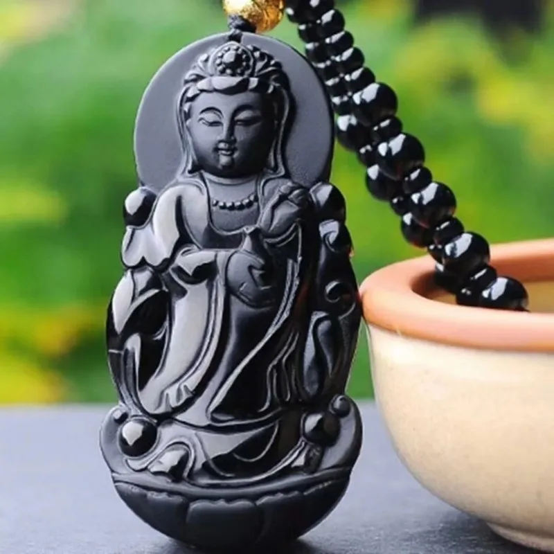 

Natural Black Obsidian Guan Yin Pendant Necklace Hand-Carved Fashion Jewelry Accessories Amulet Women Man Gifts Sweater Chain