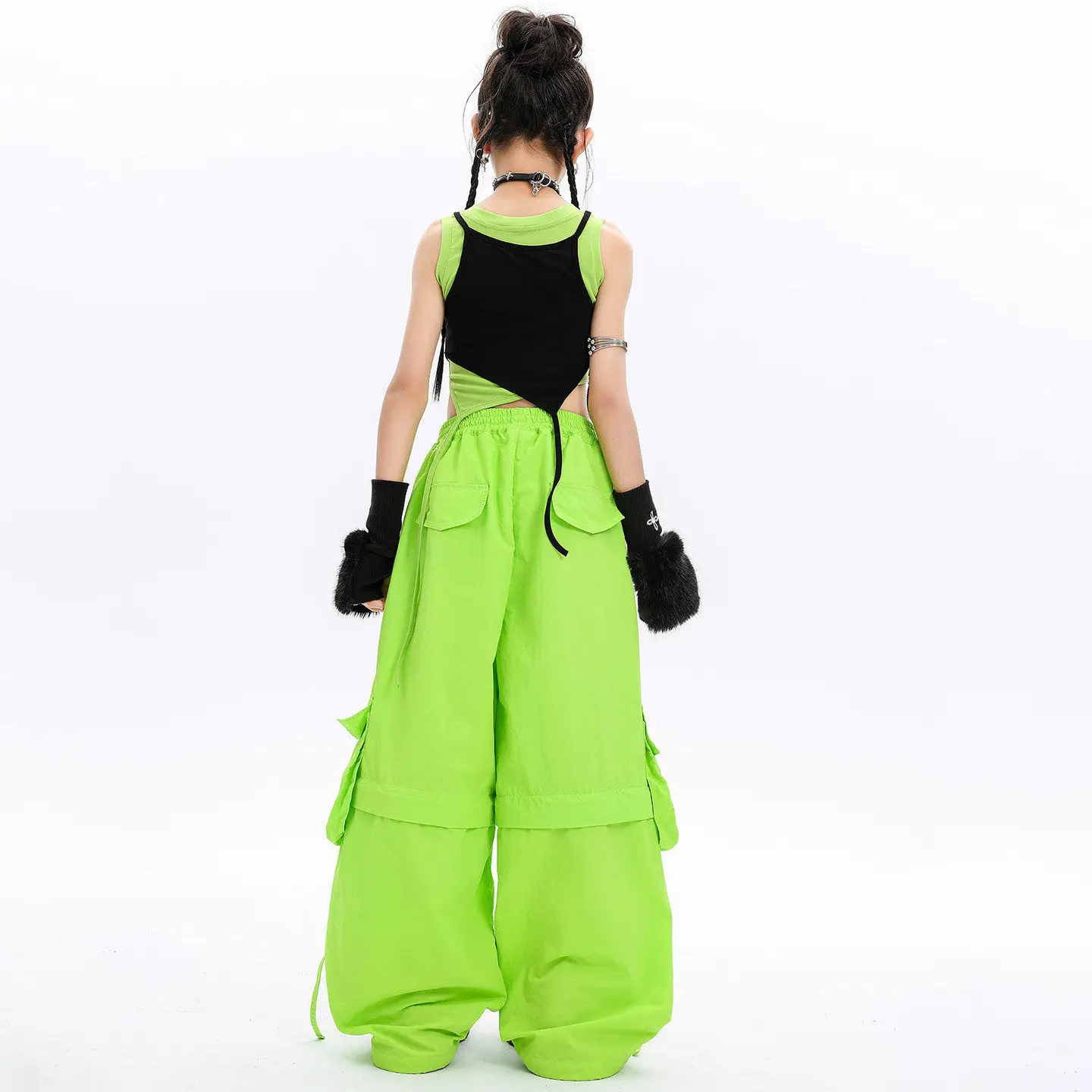 Kid Kpop Hip Hop Clothing Black Green Layered Crop Tank Top Casual Knee Zip Cargo Pants for Girls Street Dance Costumes Clothes 5