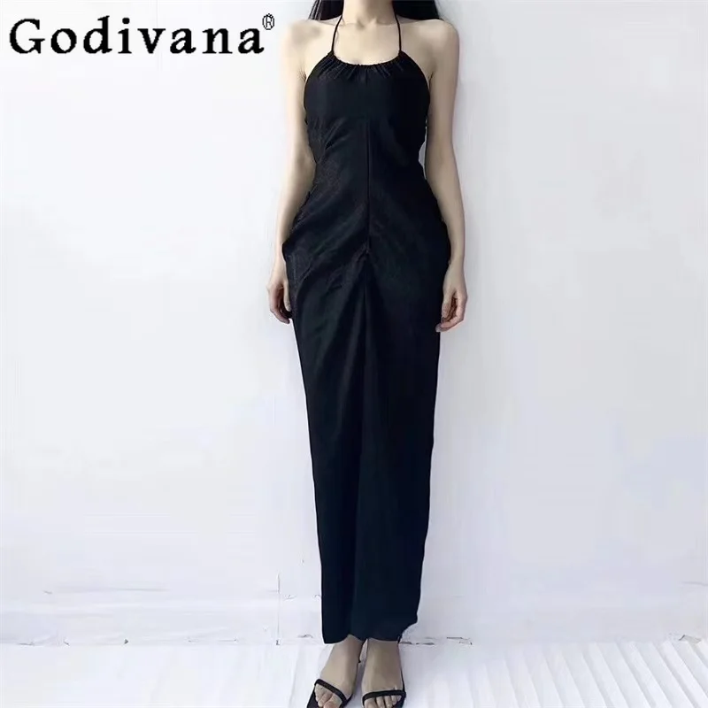 

2025 Summer New Temperament Satin Halter Neck Suspender Dress Sweet Cool Girl Holiday Black High Waist Chic Slim Long Dresses