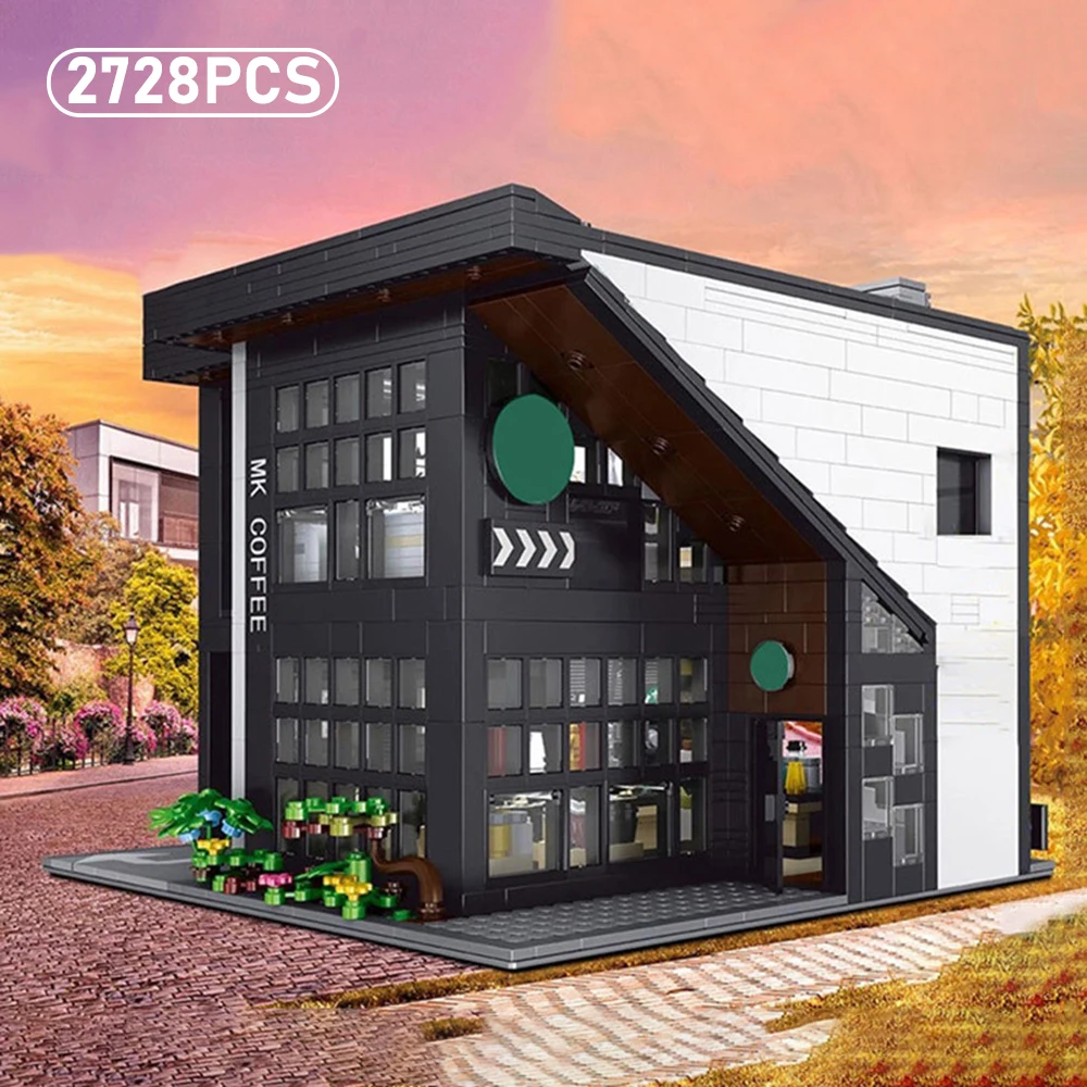 창의적인 도시 건축 거리 커피 하우스 빌딩 블록 조립 모델 조명 포함 DIY 교육용 퍼즐 장난감 선물