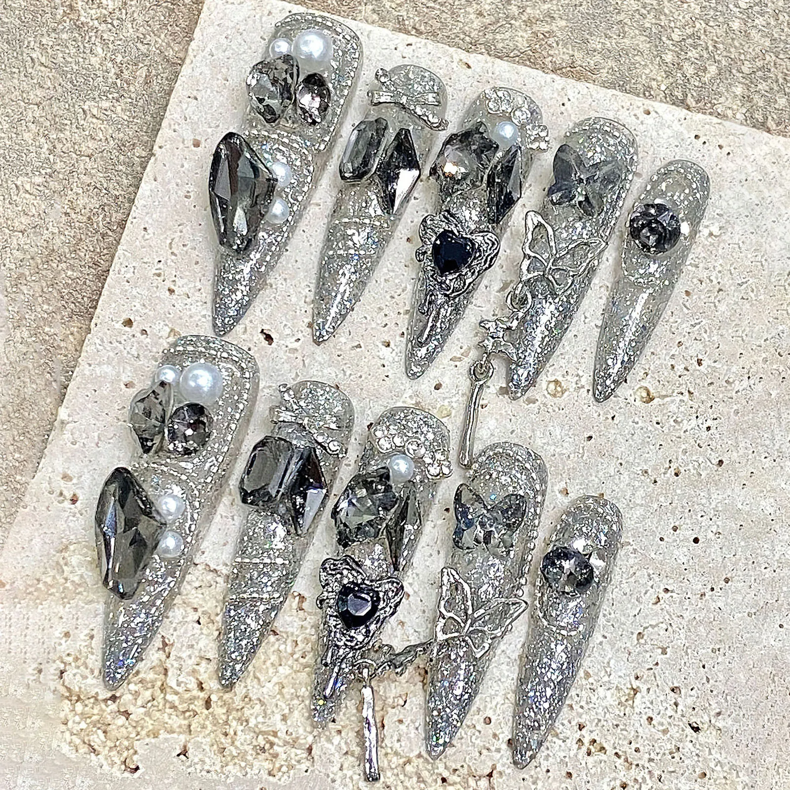 

Накладные ногти ручной работы, Длинные заостренные накладные ногти со стразами, дизайн со стразами, искусственные ногти для невесты