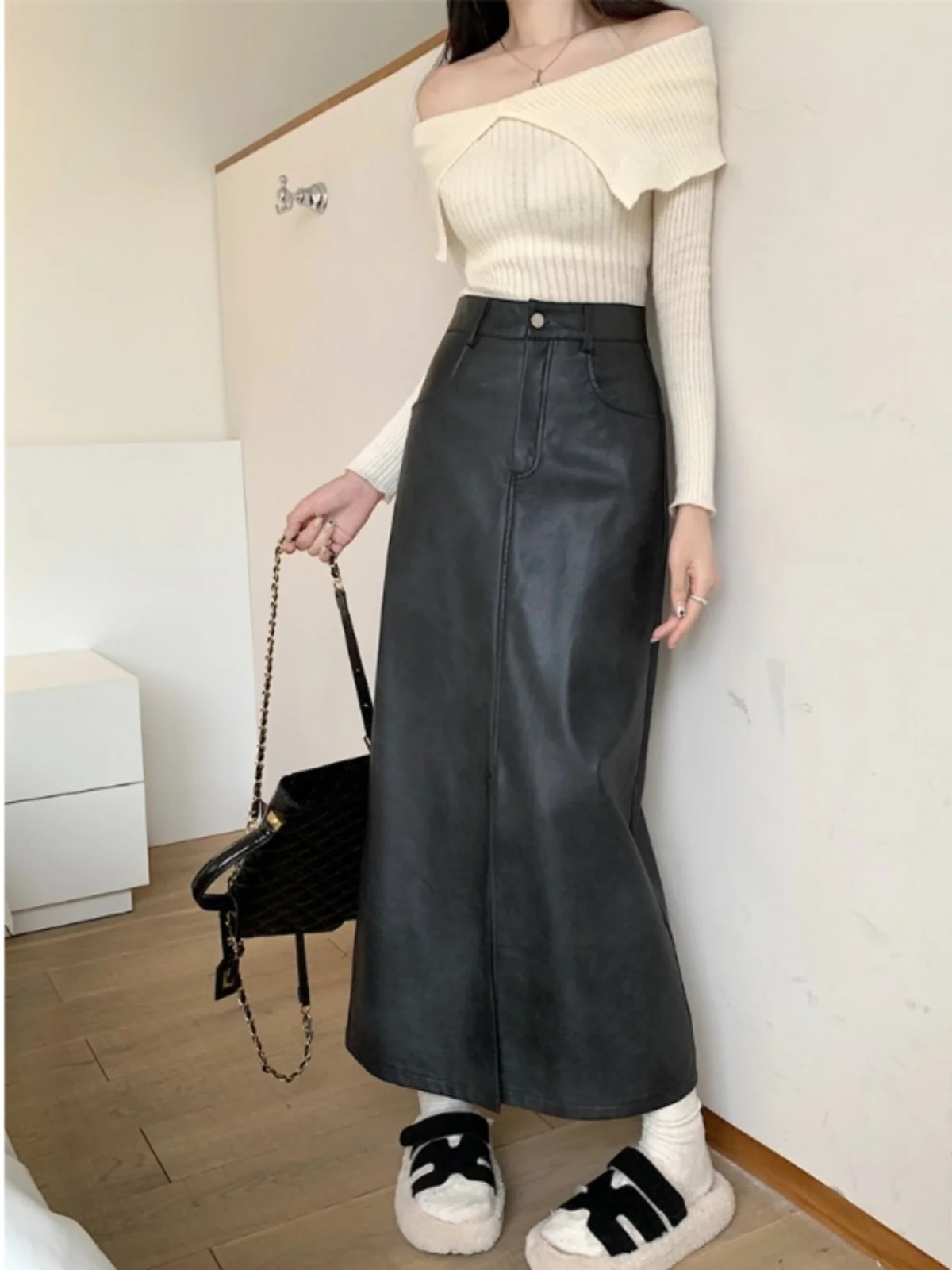 

Юбка женская из искусственной кожи в американском ретро-стиле, больших размеров, с высокой талией, осенняя новинка, стройнящая, А-силуэт, винтажная кожаная юбка