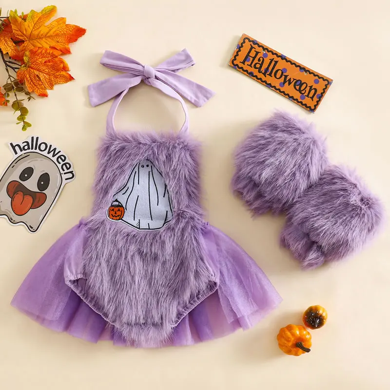 Halloween Baby Girl Romper Dress Set Infant Halterneck Furry Ghost Embroidered Onesie+Leg Warmer 2PC Outfit Pumpkin Clothes