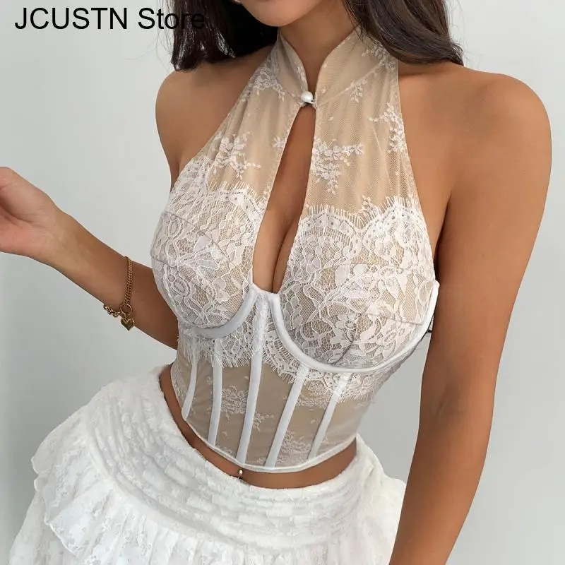 2025 New Chinese Style Improved Cheongsam Top Women Sexy Lace Flower Strapless Fishbone Back Exposure Top Neck Hanging Shirt