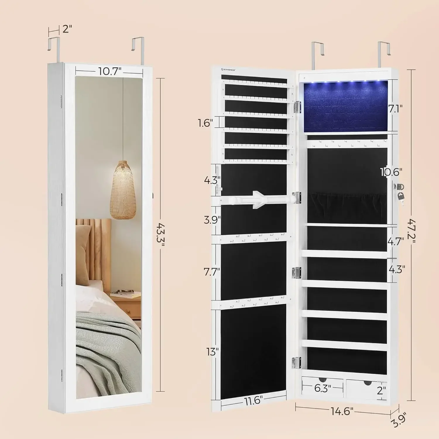 6 LEDs Mirror Jewelry Cabinet,47.2-Inch Tall Lockable Wall or Door Mounted Jewelry Armoire Organizer with Mirror,2 Drawers,White