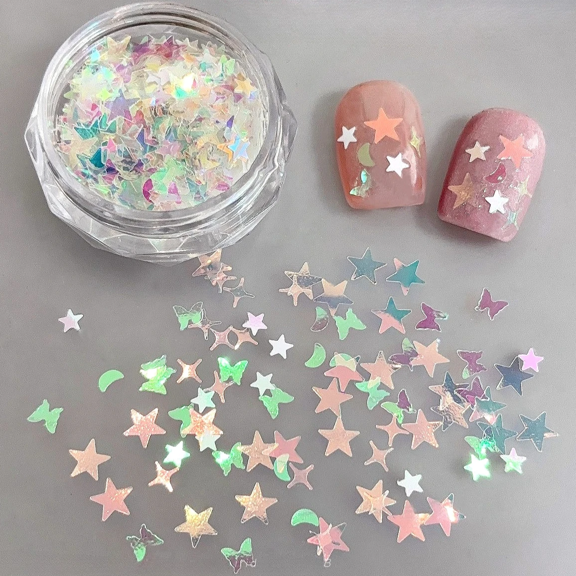 

Transparent AB Color Glitter Powder Sequin Star Butterfly Moon Heart Round Aurora Ultrathin Nail Art Accessories Decoration Tool