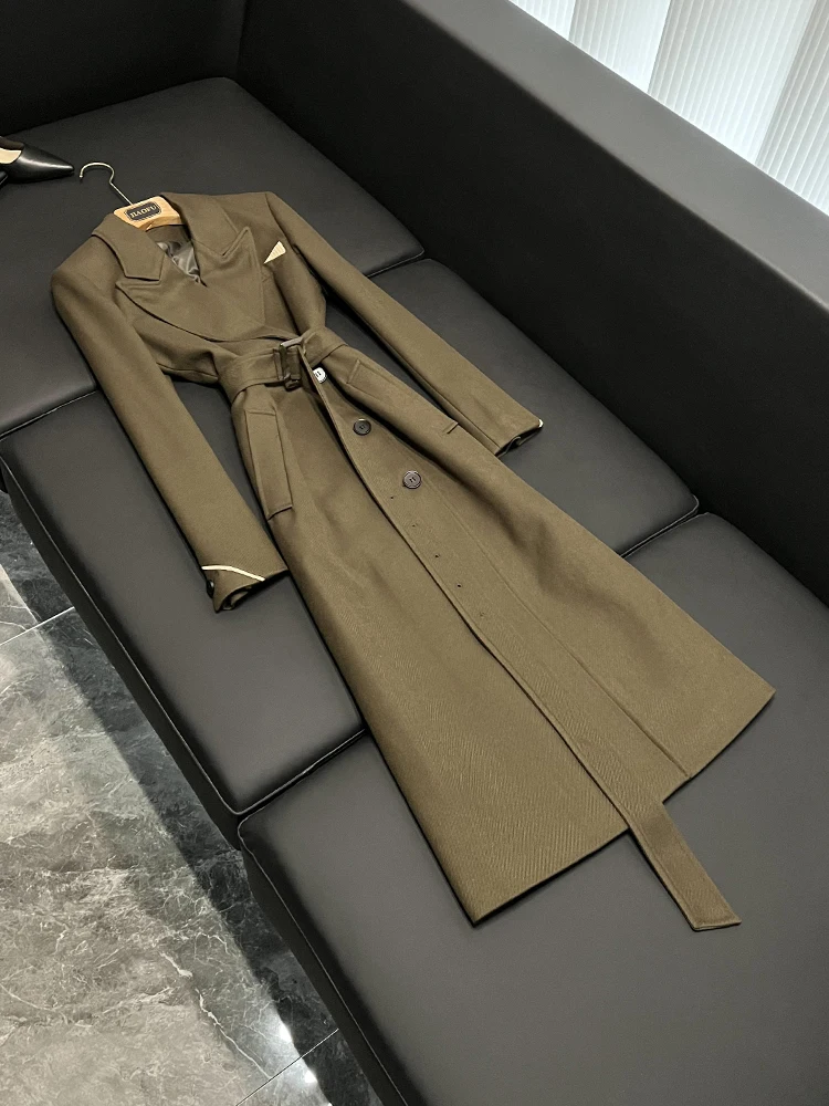 

Длинное пальто из высококачественной ткани с поясом на одной пуговице, длинное пальто Ele B302025, осенне-зимнее женское пальто из хлопка 00%