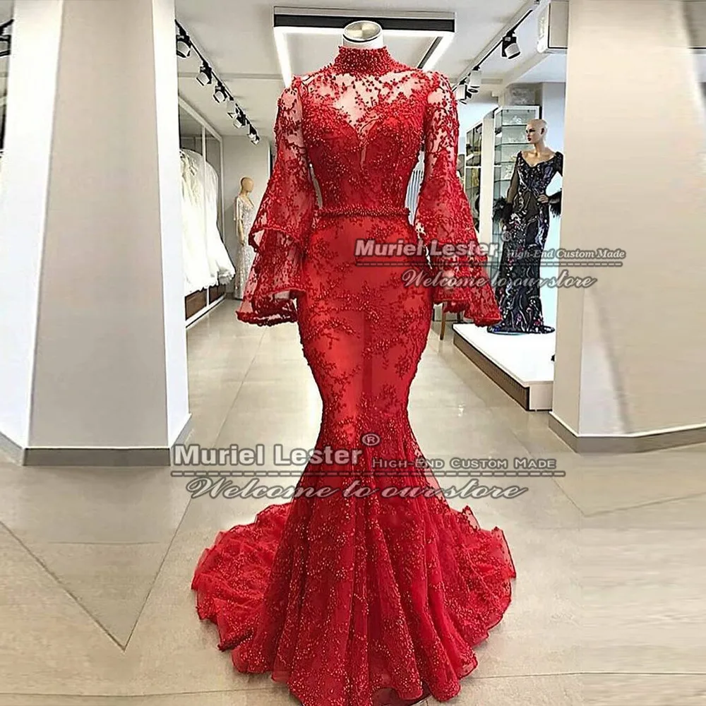 Lente Rood Kant Mermaid Lange Prom Dresses Puffy Mouwen Kralen Vrouwen Huwelijk Bruids Avondfeest Jassen Sukienka Wieczorowa