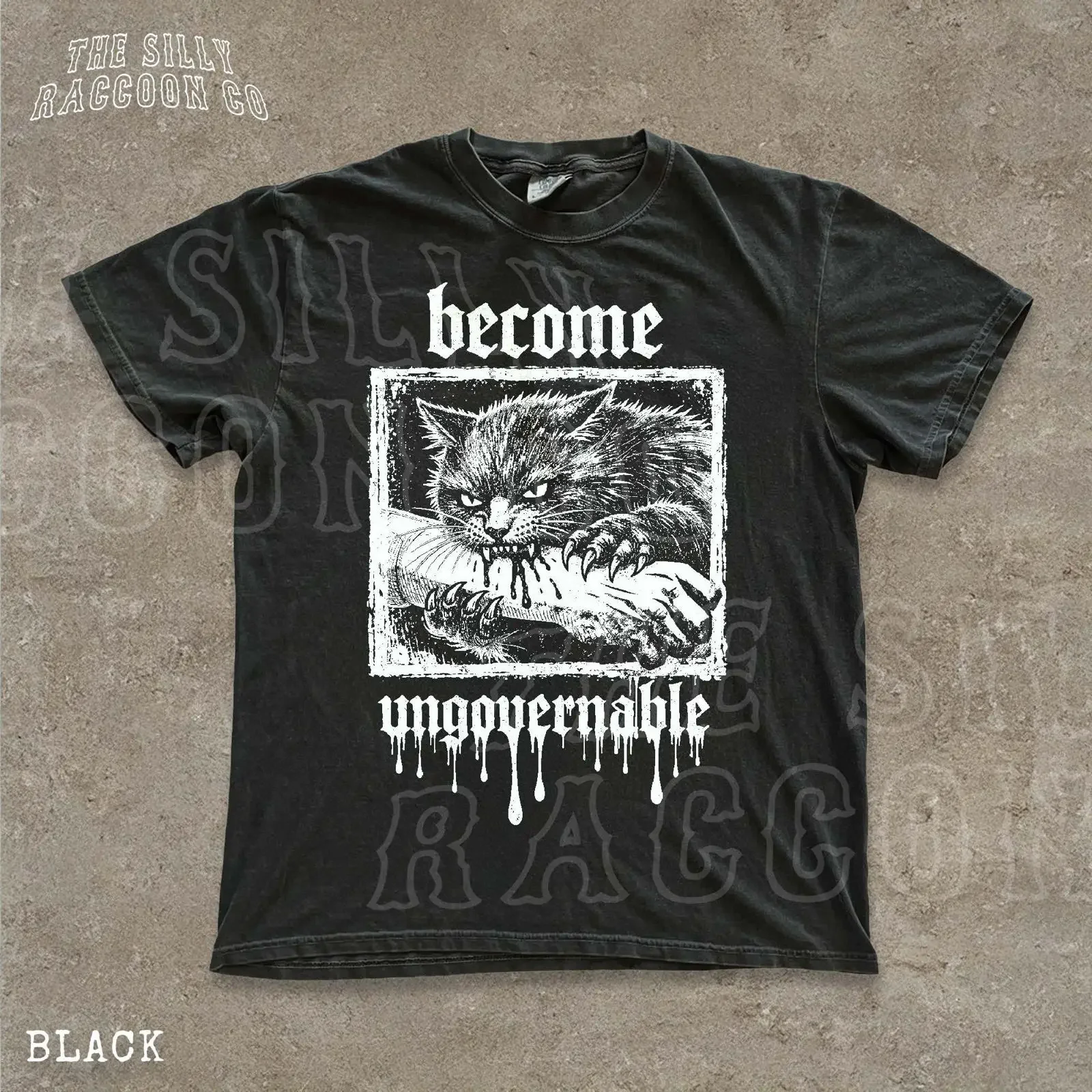 T-shirt « Become Ungovernable » - Chat Sauvage Amusant - Black Metal Grunge Gothique - Esthétique Vintage - Streetwear Graphique Lavé - Respirant